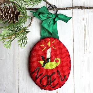 Vintage Needlepoint Ornament Noel Candlestick Holly Red Green Hand Made Grandma